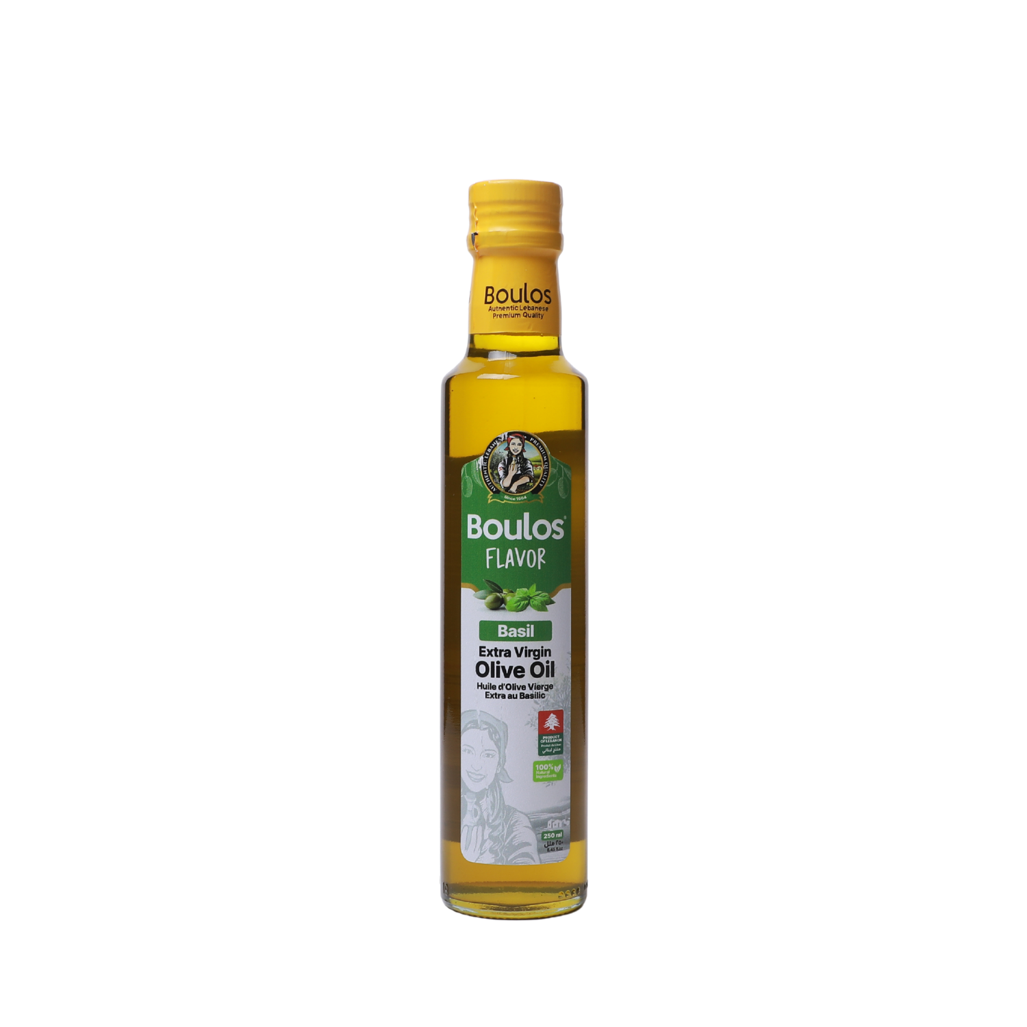 Boulos Flavored Extra Virgin Olive Oil Basil Flavor 250ML "Dorica" Clear Glass Bottle