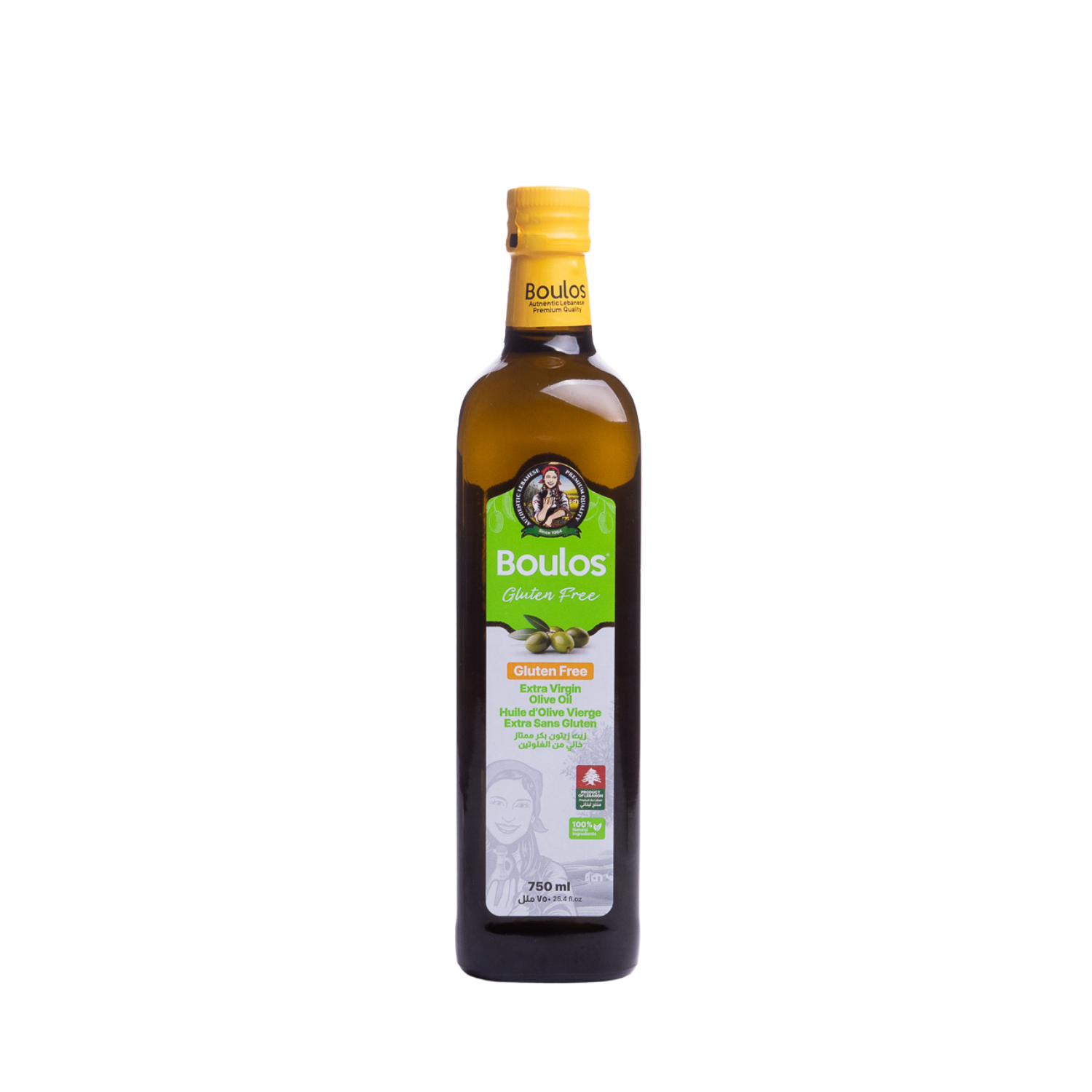 BOULOS Tested Gluten Free Extra Virgin Olive Oil 750ML "Marasca" Square Green Glass Bottle